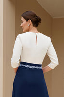 Laden Sie das Bild in den Galerie-Viewer, Schwarz A Linie Chiffon U-Boot Ausschnitt Midi Brautmutterkleid mit Ärmel