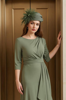 Oliv Rundhals Asymmetrisches Brautmutterkleid mit Ärmeln
