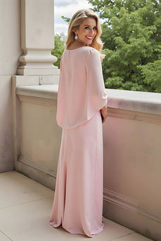 Bonbonrosa Etui Chiffon Rundhals Ausschnitt Lange Brautmutterkleid mit Ärmel