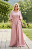 Laden Sie das Bild in den Galerie-Viewer, Rosa Sheath Rüschenlanges Brautmutterkleid mit Spitze