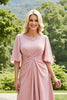 Laden Sie das Bild in den Galerie-Viewer, Rosa Sheath Rüschenlanges Brautmutterkleid mit Spitze