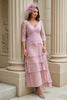 Laden Sie das Bild in den Galerie-Viewer, Rosa Chiffon Applikationen langes Brautmutterkleid mit Ärmeln