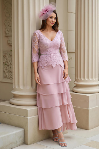 Rosa Chiffon Applikationen langes Brautmutterkleid mit Ärmeln