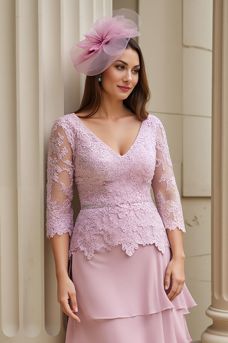 Laden Sie das Bild in den Galerie-Viewer, Rosa Chiffon Applikationen langes Brautmutterkleid mit Ärmeln