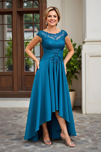 Pfauenblau A Linie Chiffon Asymmetrische Brautmutterkleid mit Spitze