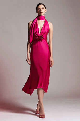 Fuchsia Floral Satin Sheath Hals Schärpe Midi Formelle Kleid