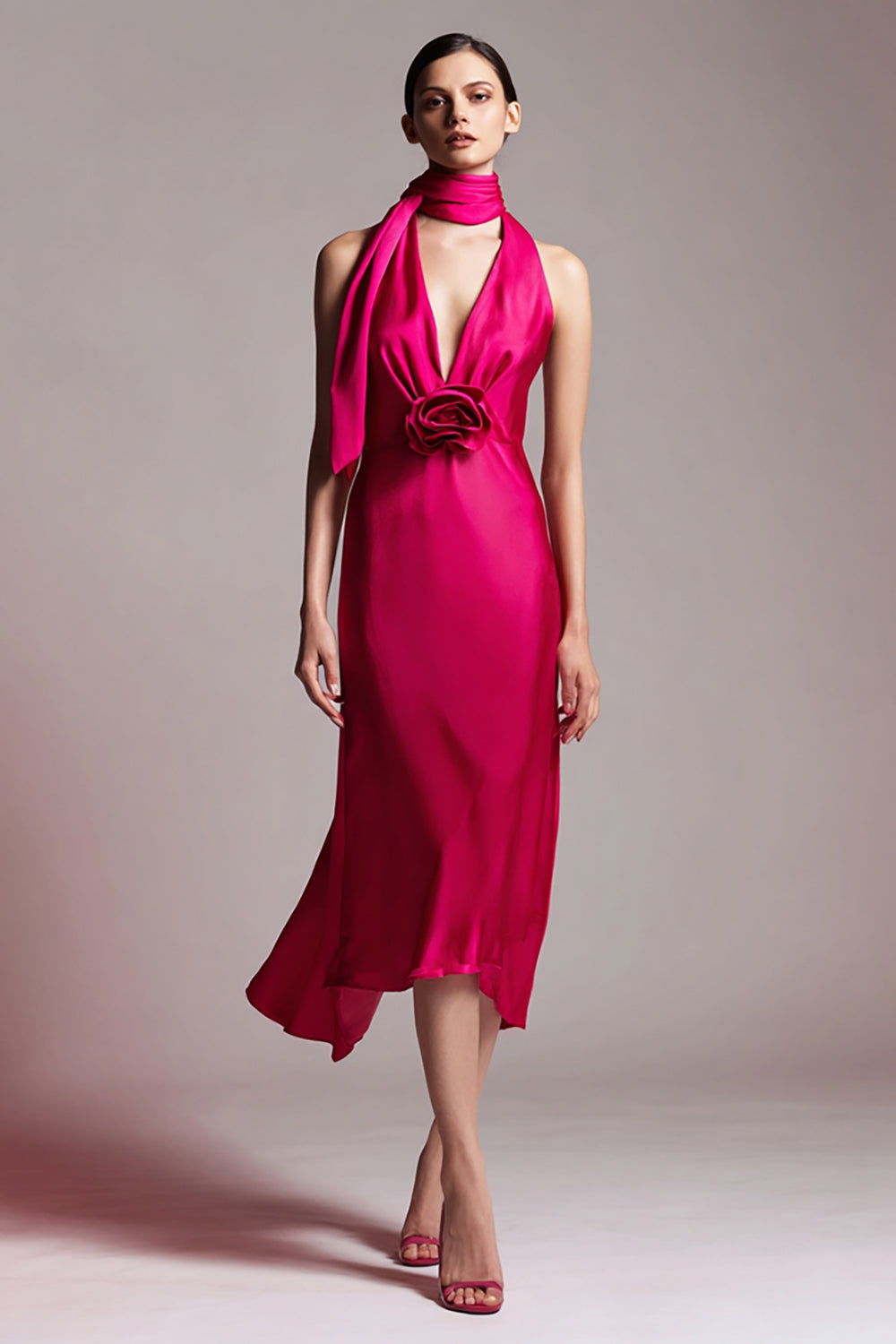 Fuchsia Floral Satin Sheath Hals Schärpe Midi Formelle Kleid