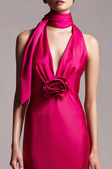 Fuchsia Floral Satin Sheath Hals Schärpe Midi Formelle Kleid