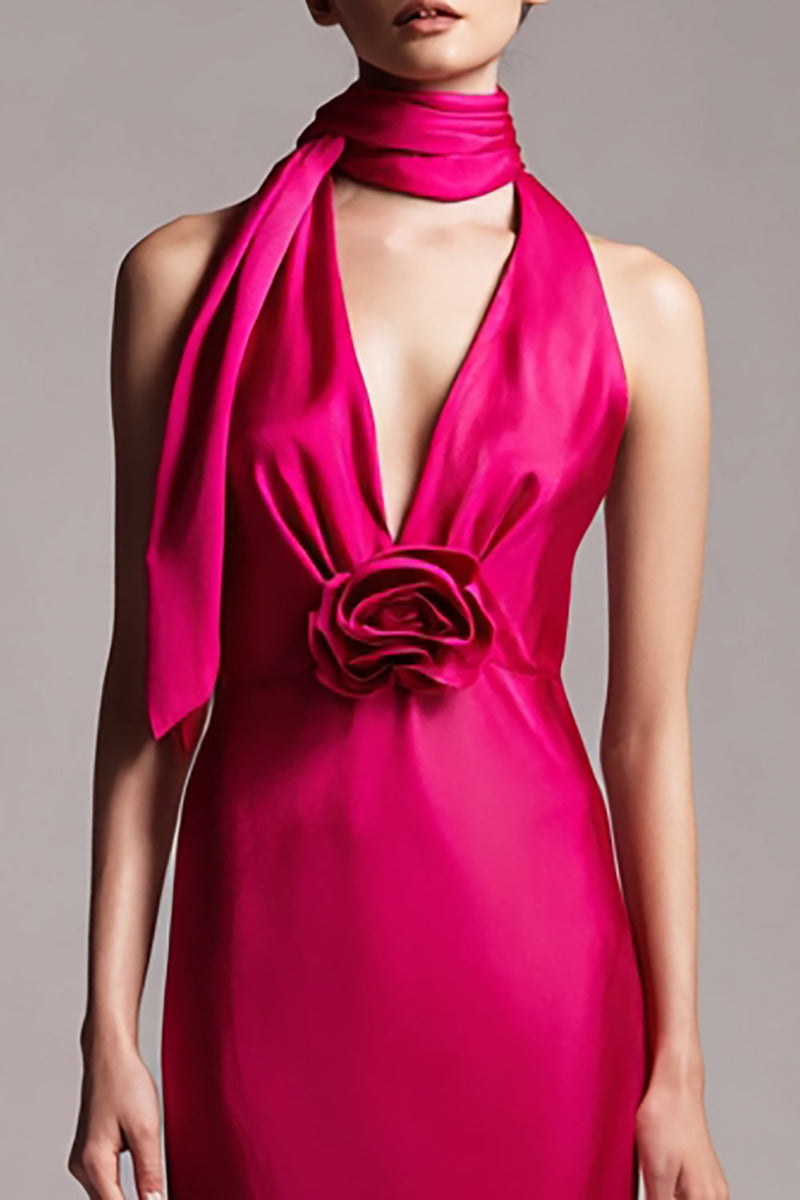 Laden Sie das Bild in den Galerie-Viewer, Fuchsia Floral Satin Sheath Hals Schärpe Midi Formelle Kleid