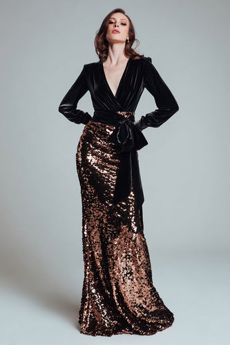Glitzernd Schwarz und Kaffee Etuikleid Pailletten Lang Abendkleid mit Schleife