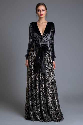 Glitzernd Schwarze Langarm Pailletten Abendkleid mit Schleife