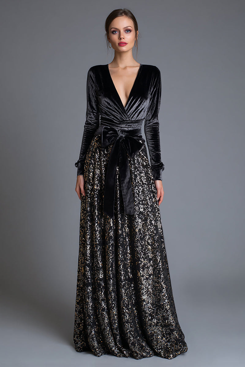 Laden Sie das Bild in den Galerie-Viewer, Glitzernd Schwarze Langarm Pailletten Abendkleid mit Schleife