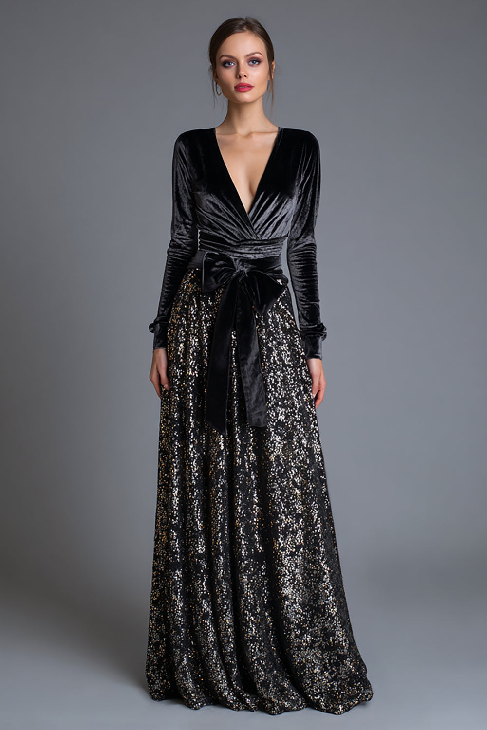 Glitzernd Schwarze Langarm Pailletten Abendkleid mit Schleife