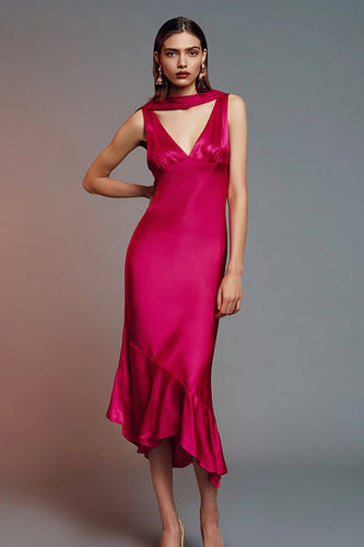 Fuchsia Satin Hals Schärpe Asymmetrisches Formelle Kleid mit Rüschen