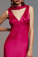 Laden Sie das Bild in den Galerie-Viewer, Fuchsia Satin Hals Schärpe Asymmetrisches Formelle Kleid mit Rüschen