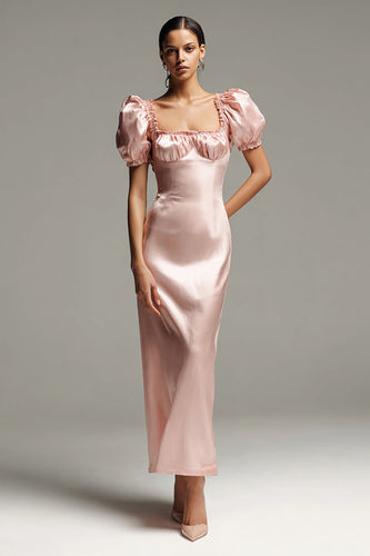 Pink Satin Sheath Puff Ärmel Lange Formelle Kleid
