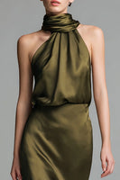 Laden Sie das Bild in den Galerie-Viewer, Olive Satin Sheath Hoher Hals Asymmetrisches Formelle Kleid