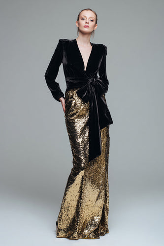 Glitzernd Schwarze und Gold Langarm Pailletten Abendkleid mit Schleife