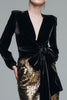Laden Sie das Bild in den Galerie-Viewer, Glitzernd Schwarze und Gold Langarm Pailletten Abendkleid mit Schleife