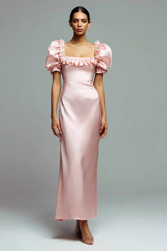 Pink Satin Puff Ärmel Sheath Lange Formelle Kleid mit Rüschen