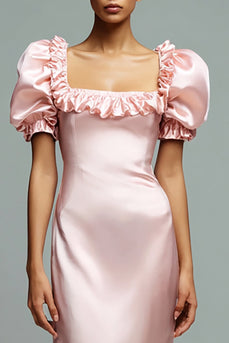 Pink Satin Puff Ärmel Sheath Lange Formelle Kleid mit Rüschen