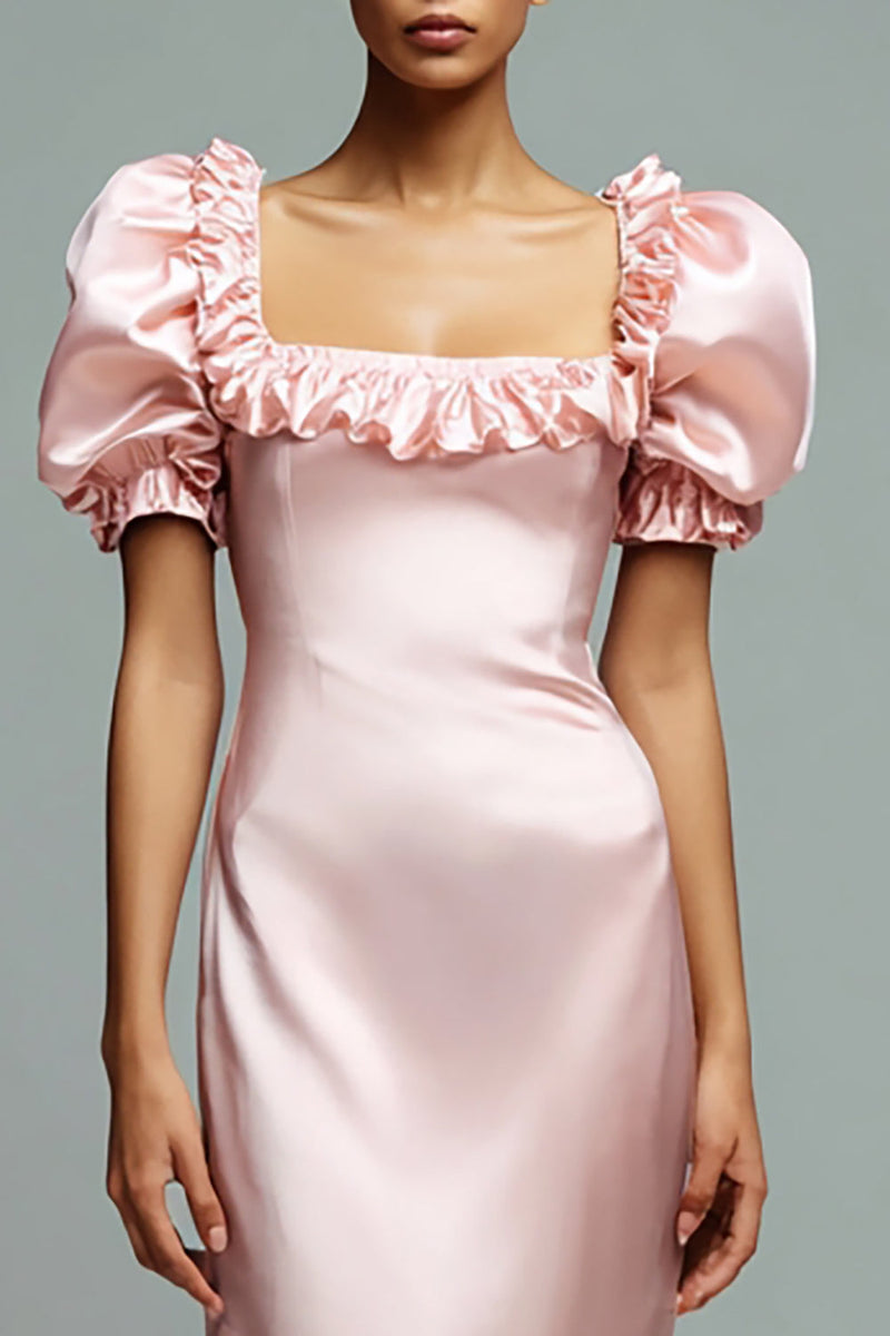 Laden Sie das Bild in den Galerie-Viewer, Pink Satin Puff Ärmel Sheath Lange Formelle Kleid mit Rüschen