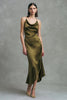 Laden Sie das Bild in den Galerie-Viewer, Olive Satin Cowl Hals Asymmetrisches Formelle Kleid mit Rüschen