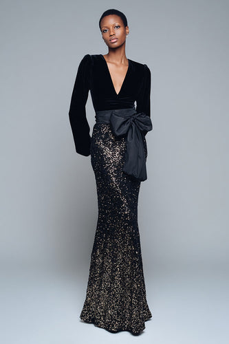Glitzernd Schwarz V Ausschnitt Pailletten Langarm Abendkleid mit Schleife