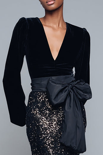 Glitzernd Schwarz V Ausschnitt Pailletten Langarm Abendkleid mit Schleife