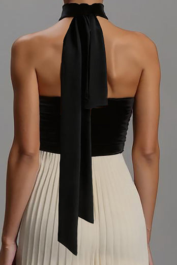 Schwarz und Weiß Trägerlos Hals Schärpe Lange Formelle Kleid mit Falten