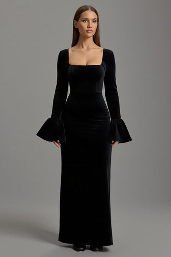 Schwarze Samt Etuikleid Quadratischer Ausschnitt Lang Abendkleid mit Ärmeln