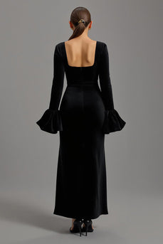Schwarze Samt Etuikleid Quadratischer Ausschnitt Lang Abendkleid mit Ärmeln