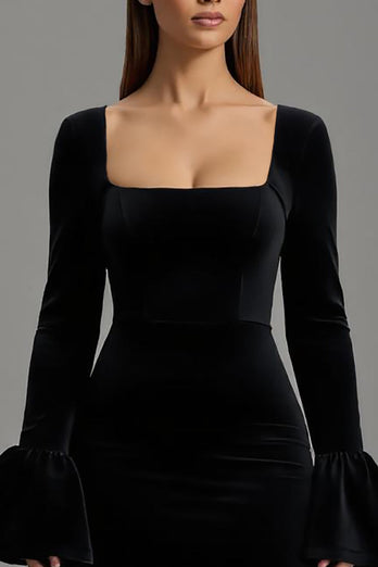Schwarze Samt Etuikleid Quadratischer Ausschnitt Lang Abendkleid mit Ärmeln