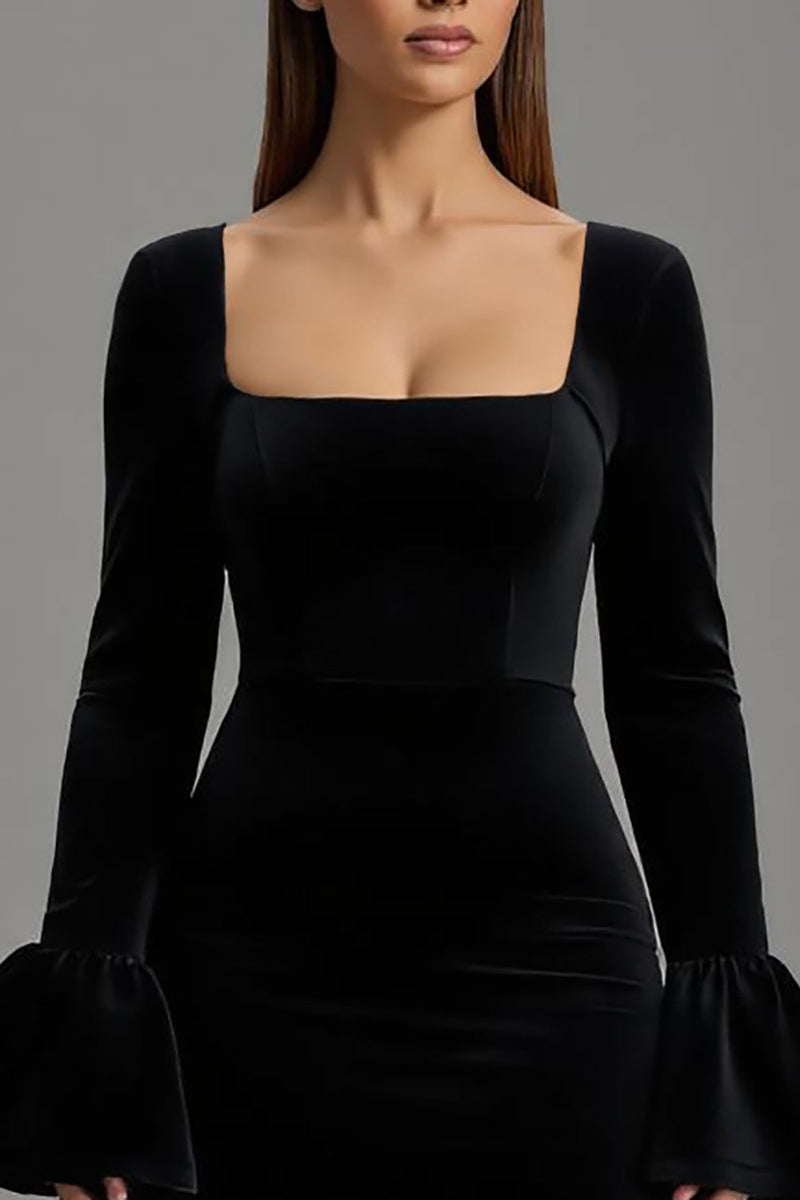 Laden Sie das Bild in den Galerie-Viewer, Schwarze Samt Etuikleid Quadratischer Ausschnitt Lang Abendkleid mit Ärmeln
