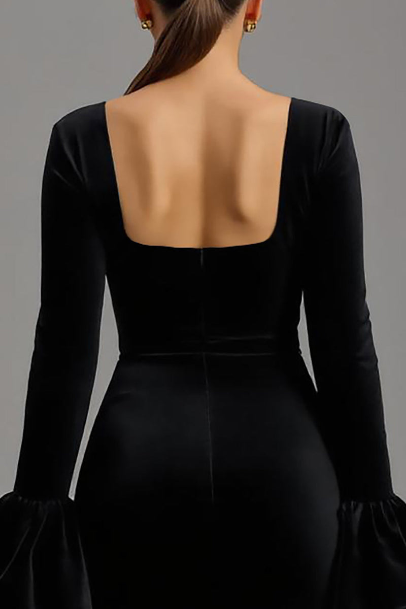 Laden Sie das Bild in den Galerie-Viewer, Schwarze Samt Etuikleid Quadratischer Ausschnitt Lang Abendkleid mit Ärmeln