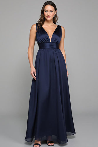 Marine A Linie Tiefer V Ausschnitt Lang Abendkleid