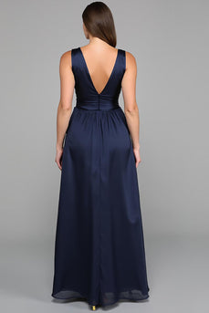Marine A Linie Tiefer V Ausschnitt Lang Abendkleid