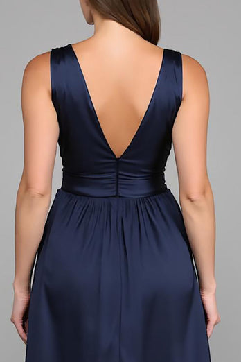 Marine A Linie Tiefer V Ausschnitt Lang Abendkleid