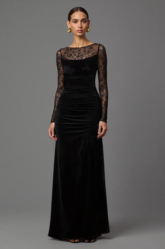 Schwarze Etuikleid Samt Illusion Ausschnitt Lang Abendkleid mit Ärmeln