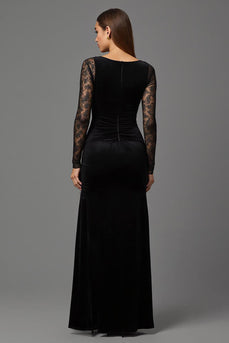 Schwarze Etuikleid Samt Illusion Ausschnitt Lang Abendkleid mit Ärmeln