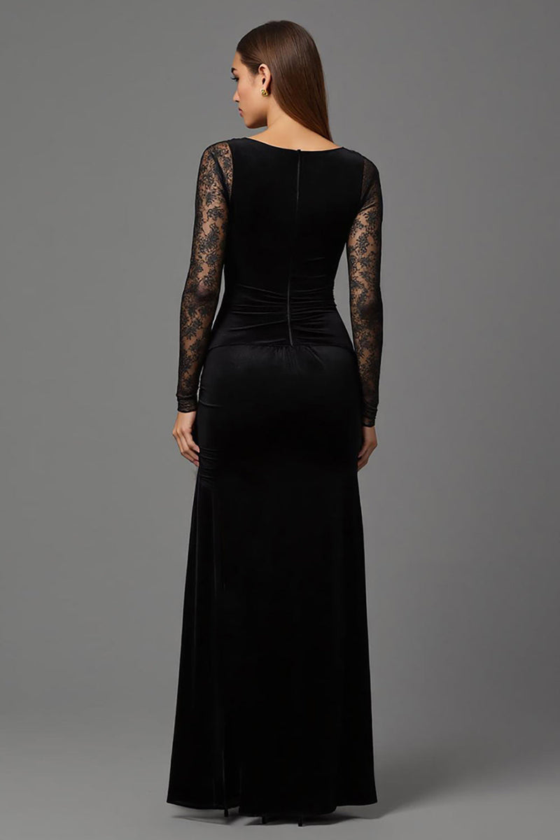 Laden Sie das Bild in den Galerie-Viewer, Schwarze Etuikleid Samt Illusion Ausschnitt Lang Abendkleid mit Ärmeln