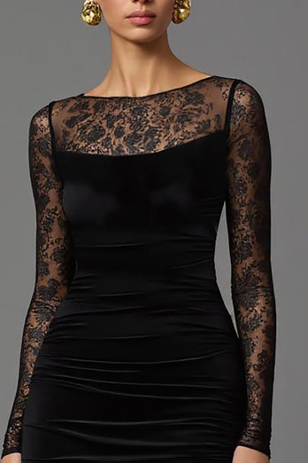 Schwarze Etuikleid Samt Illusion Ausschnitt Lang Abendkleid mit Ärmeln