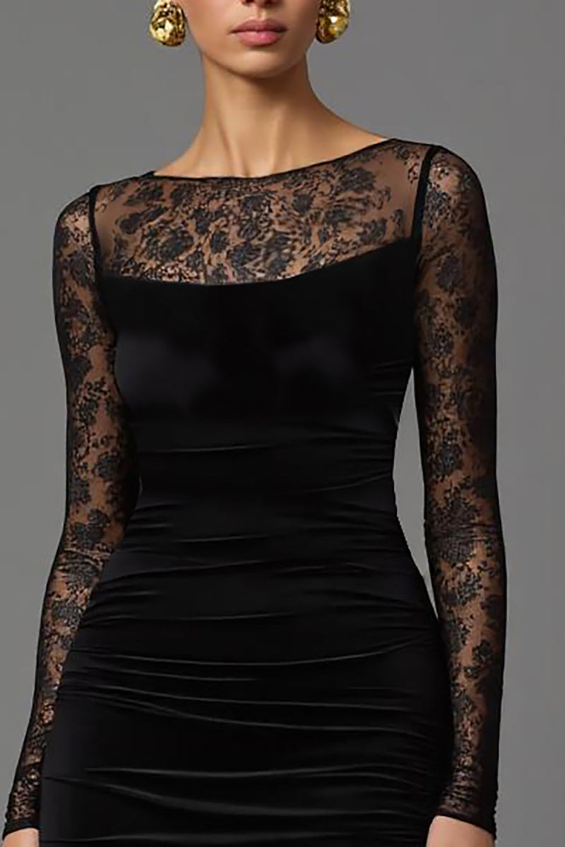 Laden Sie das Bild in den Galerie-Viewer, Schwarze Etuikleid Samt Illusion Ausschnitt Lang Abendkleid mit Ärmeln