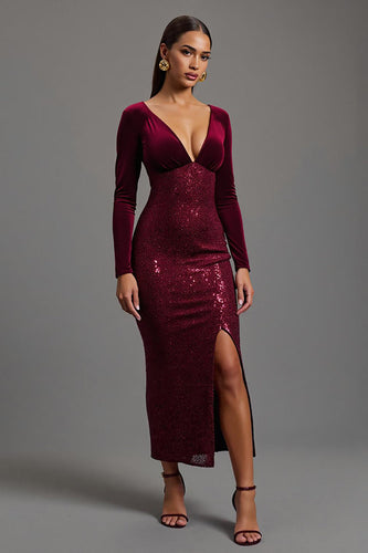 Glitzernd Burgunder Etuikleid Pailletten Langarm Abendkleid mit Schlitz