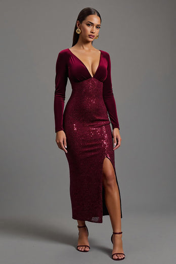 Glitzernd Burgunder Etuikleid Pailletten Langarm Abendkleid mit Schlitz