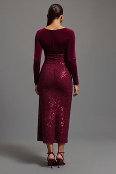 Glitzernd Burgunder Etuikleid Pailletten Langarm Abendkleid mit Schlitz