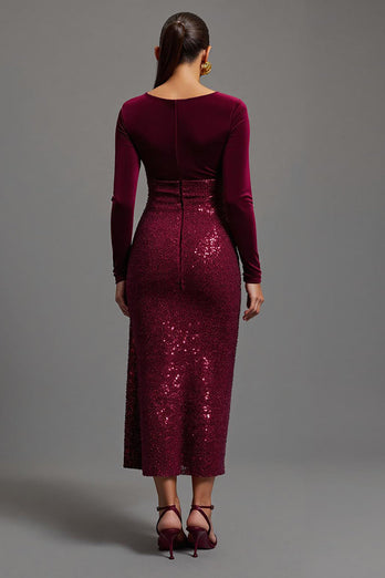Glitzernd Burgunder Etuikleid Pailletten Langarm Abendkleid mit Schlitz