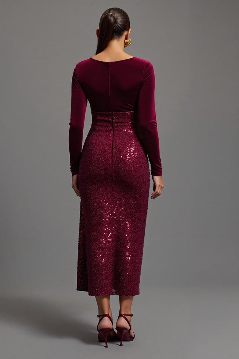 Laden Sie das Bild in den Galerie-Viewer, Glitzernd Burgunder Etuikleid Pailletten Langarm Abendkleid mit Schlitz