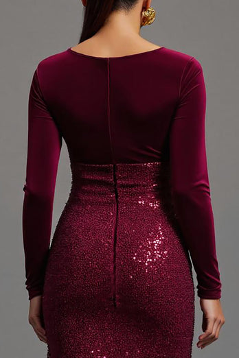 Glitzernd Burgunder Etuikleid Pailletten Langarm Abendkleid mit Schlitz