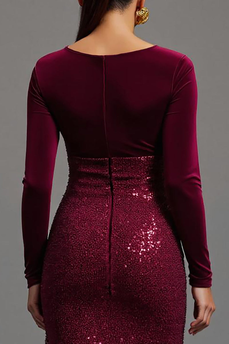 Laden Sie das Bild in den Galerie-Viewer, Glitzernd Burgunder Etuikleid Pailletten Langarm Abendkleid mit Schlitz